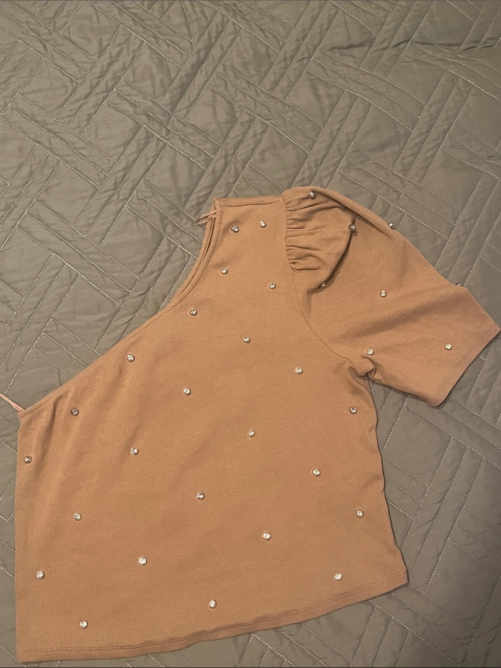 Express One Shoulder Rhinestone Studded Puff Sleeve Ribbed Crop Top Nude Tan